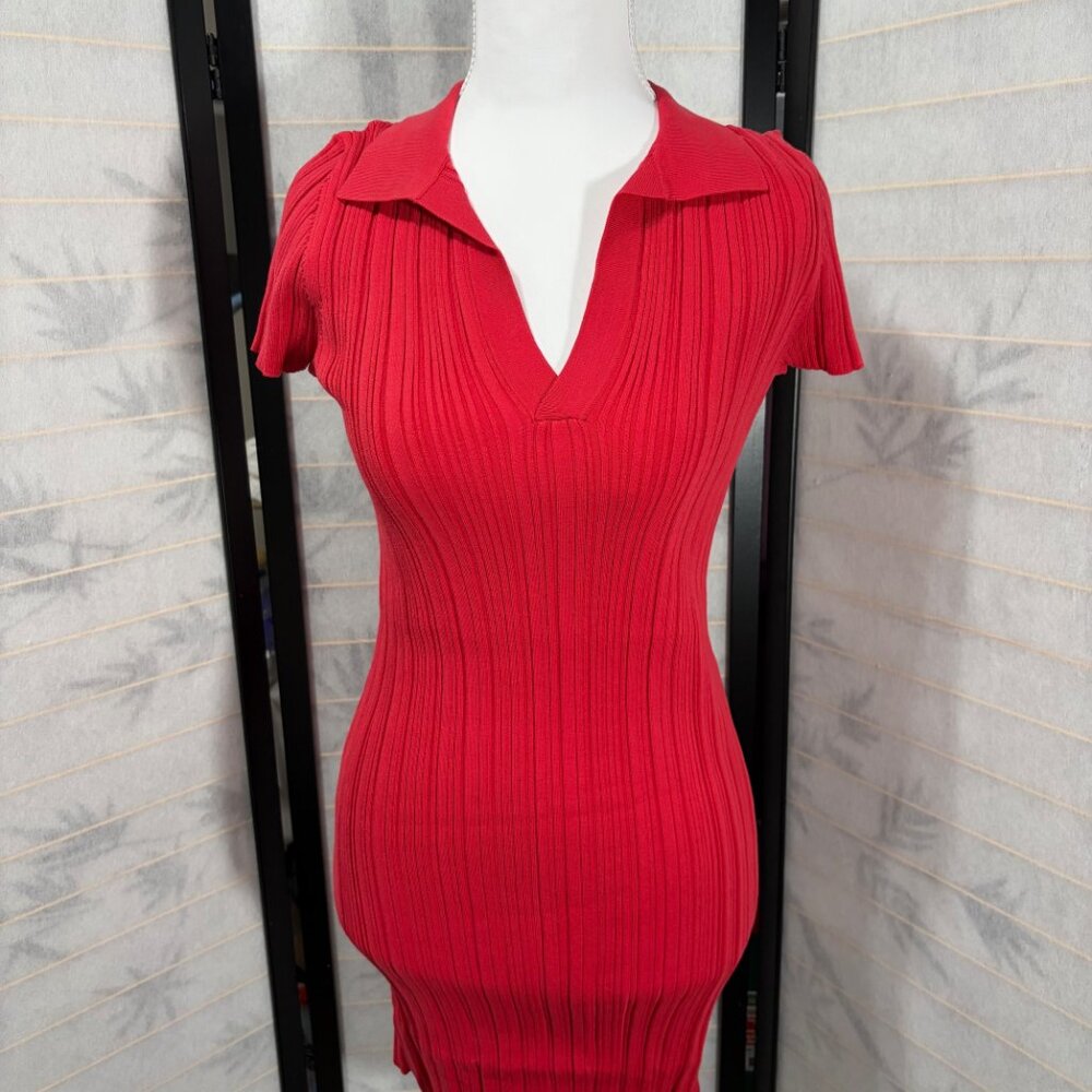 LITA by‎ Ciara Ribbed Knit Polo Dress Red Midi Bodycon Y2K Chic Women's Medium
